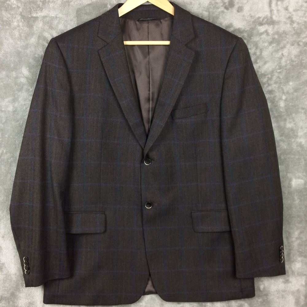 S Cohen 100% Angelico‎ Wool 44R Grey Blue Herringbone Plaid Blazer Jacket